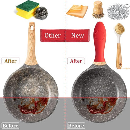 Patelai 8 Pieces Cast Iron Cleaning Kit Skillet Cleaner Set Include Stainless Steel Chainmail Scrubber Bamboo Dish Scrub Brushes Pan Grill Scrapers for Cleaning Pot Pans Skillets Kitchen(Orange)