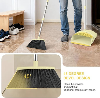 BSKLIN Broom and Dustpan Set House Brooms for Sweeping Indoor Collapsible Broom and Dust Pan Combo for Home Office Kitchen Lobby Floor Pet Hair (Small-Yellow)
