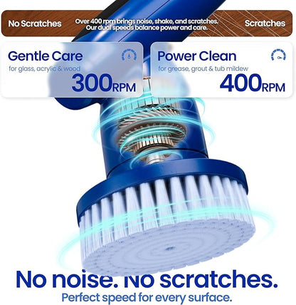 2026 Upgraded Electric Spin Scrubber: 120 Min Runtime, IPX7 Waterproof Cordless Power Scrubber, Adjustable Extension Handle, 8 Heads, 2 Speeds for Shower, Tub, Tile & Floor