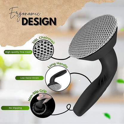 Savvi Home's Cast Iron Scrubber with Pan Scraper, 316L Chainmail Scrubber, Long Handle Cast Iron Cleaner for Dishes, Pans, Grills, Upgraded Chain Mail Scrubber for Grill Pan Skillet Wok Carbon Steel