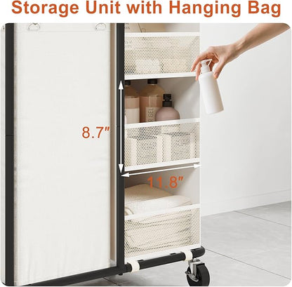 WOWLIVE Laundry Sorter with Wheels 100L Rolling Laundry Hamper with Hanging and Removable Bag Laundry Cart with Steel Frame and Storage Unit Large Basket Organizer for Dorm Room, Bathroom (Beige)