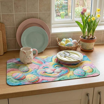 Pastel Rainbow Easter Dish Drying Mat: 12’’x20’’ Easter Smiling Bunny & Decorated Eggs Design Absorbent Non-Slip Counter Protector - Spring Holiday Kitchen Bar Coffee Mat Station Pad