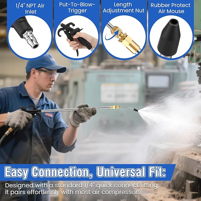 High Pressure Air Blow Gun, Extension Long Air Nozzle Blower Wand Fit 1/4" NPT Inlet & Lever Grip, Heavy Duty Industrial Blow Gun Pneumatic Tool for Radiator Compressor Attachment(1 Pc,17-27.5 Inch)