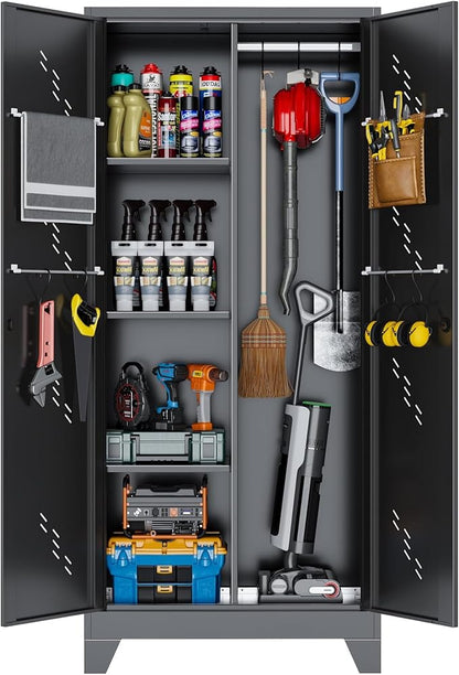 VASAAOSD Metal Garage Storage Cabinet with Locking Doors, 71" Tall Broom Closet Storage Cabinet, Heavy Duty Garage Organization Cabinets, Steel Cabinet with Hanging Rod, Assembly Required