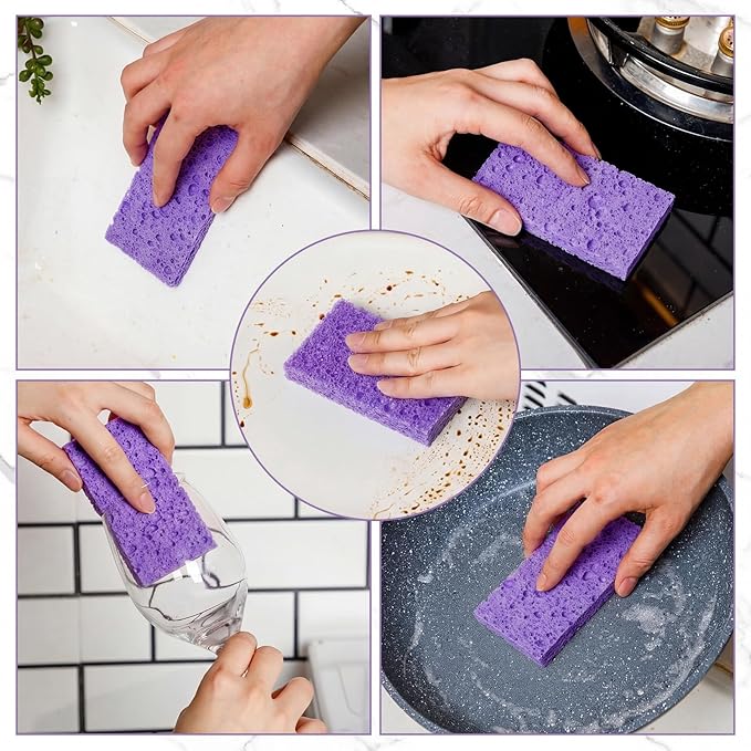 Zhengmy 48 Pieces Sponges Bulk Sponges Kitchen Compressed Sponge Natural Dish Sponge Compressed Wood Pulp Cleaning Without Scratching for Kitchen Bathroom, 3.9 x 2.4 x 0.12 Inch (Purple)