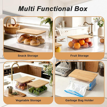 3 Pack Trash Bag Holder, Stackable Garbage Bag Dispenser with Bamboo Lid – Clear Plastic Organizer, Space-Saving Under Sink Storage for Kitchen, Laundry Room, Pantry & Cabinet