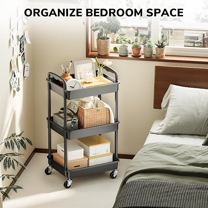 Goovilla Rolling Storage Cart, 3 Tier Rolling Utility Cart Organizer on Lockable Wheels, Charcoal Fruit Vegetable Storage Rack Also for Kitchen, Cans, Snack, Craft, Art, Office, Beauty