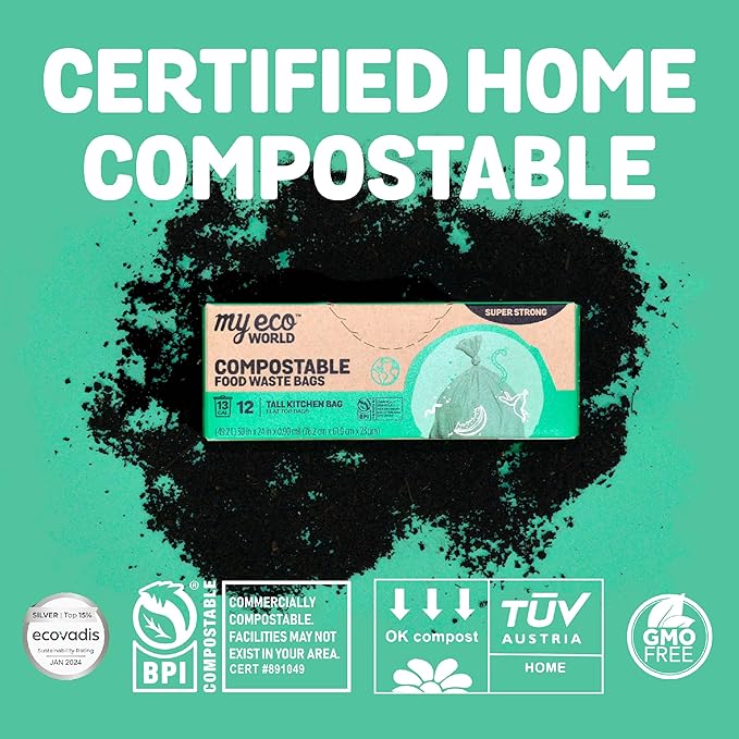 MyEcoWorld® Compostable Kitchen Waste Bags - 144 Count - 100% Certified Compostable - 13 Gallon - Super Strong - Leak Proof - Unscented - Easy to Open