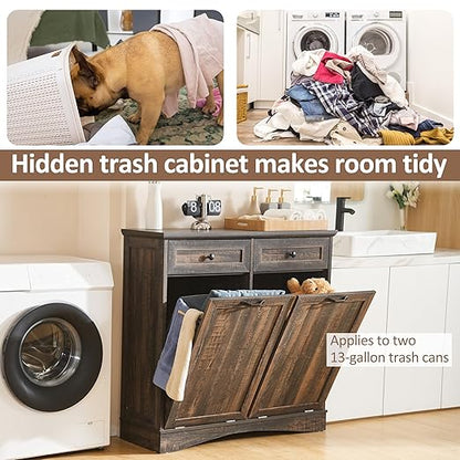 AHB Double Tilt Out Trash Can Cabinet Freestanding Kitchen Trash Can, 2x13 Gallons Hidden Garbage Recycling Cabinet with Hideaway Drawers Pet Proof Trash Can Holder for Kitchen, Rustic Brown