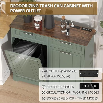 Double 10 Gallon Tilt Out Trash Can Cabinet with Deodorizing Function and Power Outlet, Wooden Hidden Garbage Can Holder with 2 Storage Drawers for Kitchen, Laundry Hamper Cabinet for Bathroom, Green