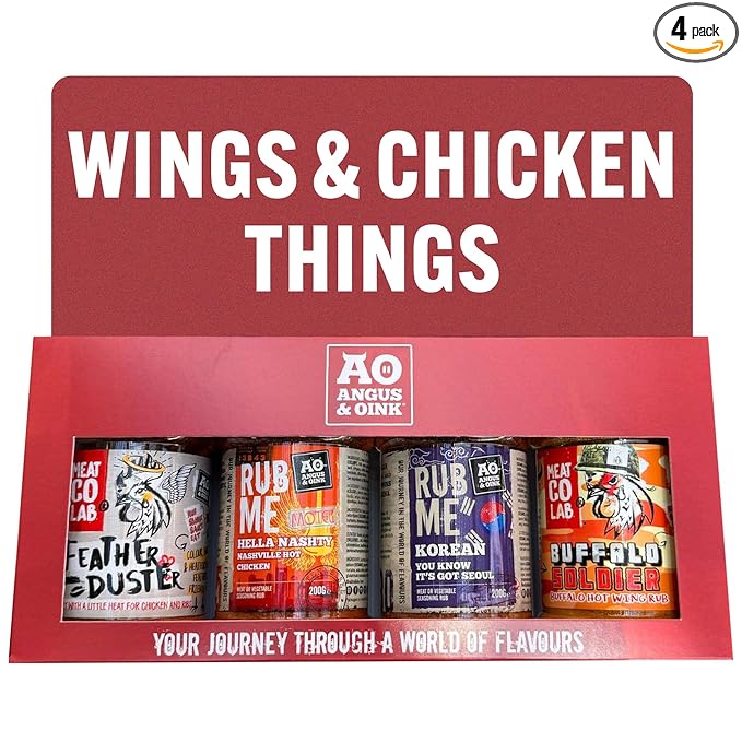 Angus & Oink Gift Set | Wings & Chicken Things Gift Box | BBQ Rubs | 1 x Feather Duster | 1 x Nashville Hot Chicken | 1 x Korean Seasoning | 1 x Buffalo Hot Wing | 4 x 200G