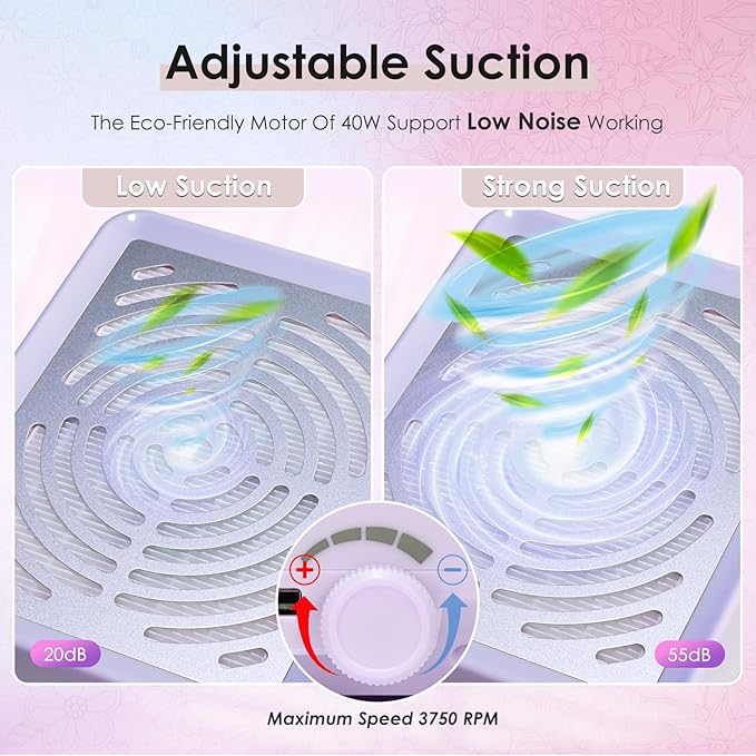 Nail Dust Collector with Lamp&50pcs Disposable Filter&Dusting Brush, Electric Nail Vacuum Cleaner Dust Fan Suction Machine for Manicure Acrylic Gel Nails Polishing, Low Noise, Salon Home