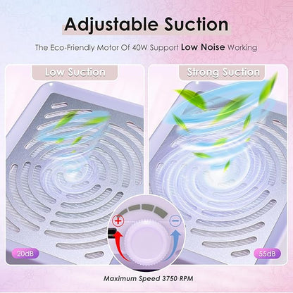 Nail Dust Collector with Lamp&50pcs Disposable Filter&Dusting Brush, Electric Nail Vacuum Cleaner Dust Fan Suction Machine for Manicure Acrylic Gel Nails Polishing, Low Noise, Salon Home