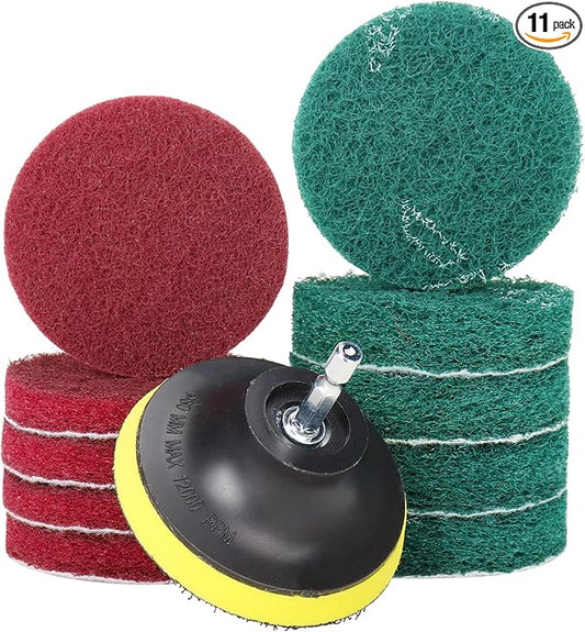 3 Inch Drill Brush Power Scouring Pads - Heavy Duty Tub and Tile Cleaner - Household Cleaning Kit Includes Drill Attachment, 5 Red, 5 Stiff Green Scrubber Pads