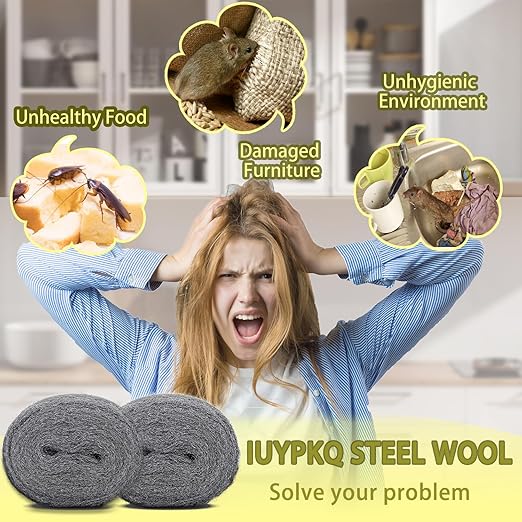 Steel Wool for Mice Control - 6 Pack of 3×10Ft Steel Wool, Gap Filter for House & Garage - Keep Mice Away from Holes，Siding，Pipeline，Vents in Garden, House, 7.04oz (6, 100g)