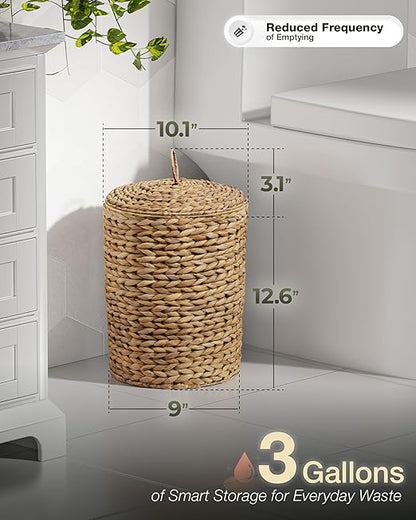 BLUEWEST 3 Gallons Wicker Bathroom Trash Can with Lid, Handwoven Rattan Wastebasket with Removable Plastic Inner Bin, Decorative Waste Basket for Bedroom, Office, or Kitchen