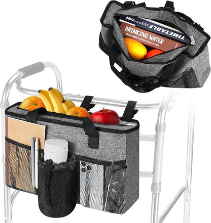 Rhino Valley Walker Bag, Large Capacity Walker Accessories Storage Bag with Multi Pockets & Cup Holder, Walker Basket with 4 pockets for Universal Walkers for Seniors, Gray