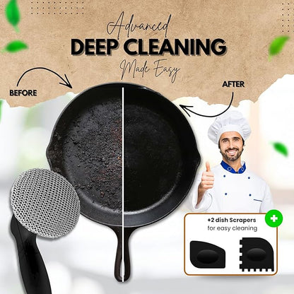 Savvi Home's Cast Iron Scrubber with Pan Scraper, 316L Chainmail Scrubber, Long Handle Cast Iron Cleaner for Dishes, Pans, Grills, Upgraded Chain Mail Scrubber for Grill Pan Skillet Wok Carbon Steel