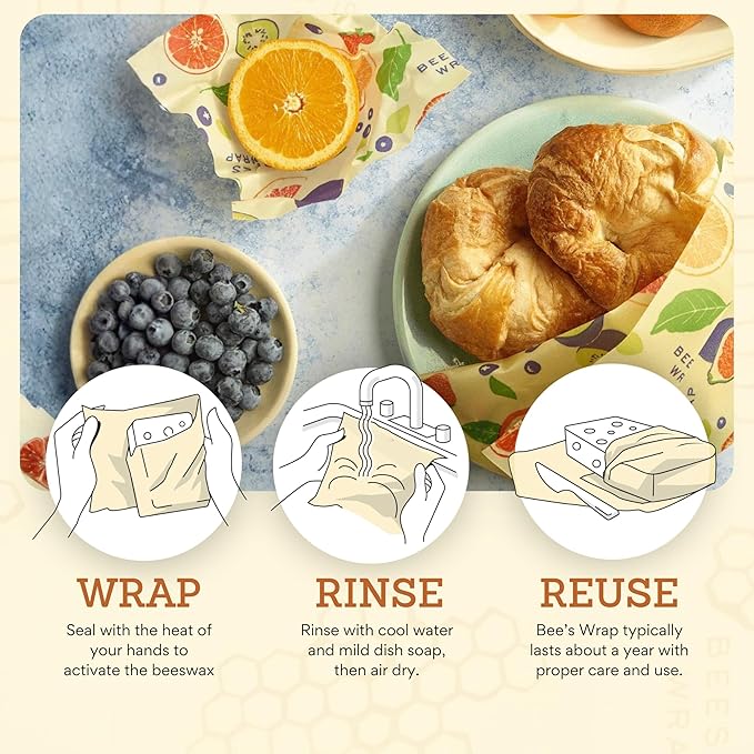 Bee's Wrap Beeswax Wraps for Food - 3 Pack of Assorted Beeswax Wraps - Small, Medium & Large Wrap - Plastic Free Made in USA Reusable Natural Food Wrap - Fresh Fruit Print