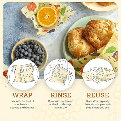 Bee's Wrap Beeswax Wraps for Food - 3 Pack of Assorted Beeswax Wraps - Small, Medium & Large Wrap - Plastic Free Made in USA Reusable Natural Food Wrap - Fresh Fruit Print
