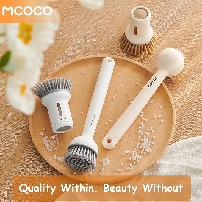Dish Brush Set with Soap Dispensing Palm Brush Dish Scrub Brush with Soap Dispenser Palm Dish Brush Kitchen Cleaning Brush with Ergonomic Long Handle for Cleaning Sink, Pot, Pan, Stove, White