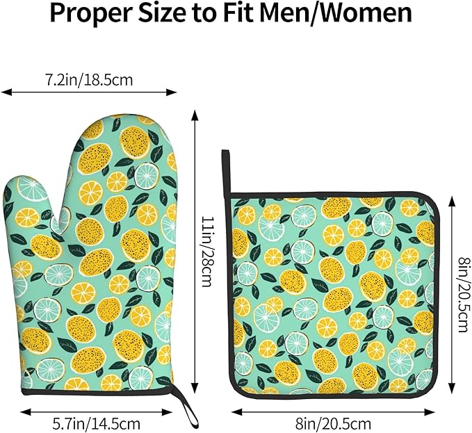 Lemon Pot Holders and Oven Mitts - Summer Teal Lime Refreshing Oven Glove Hot Pads for Kitchen Chef Gifts for Cooking Lover Cooks