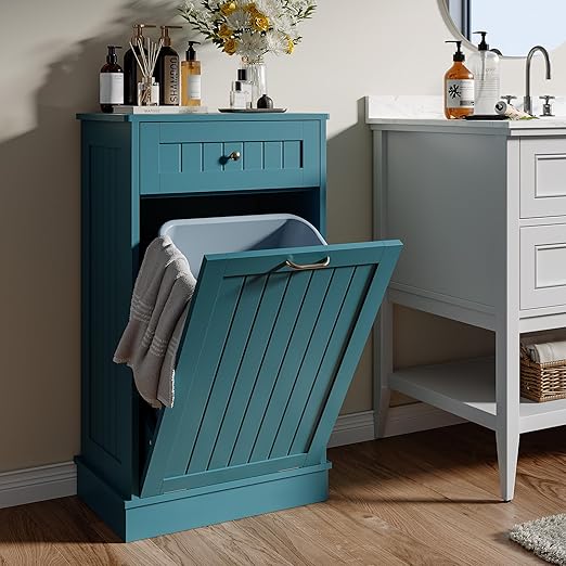 LOUVIXA Tilt Out Trash Can Cabinet, Hidden Trash Cabinet with Drawer, Wooden Dog Proof Trash Can Holder, Tilt Out Laundry Hamper, Garbage Can Holder (Teal-Blue)