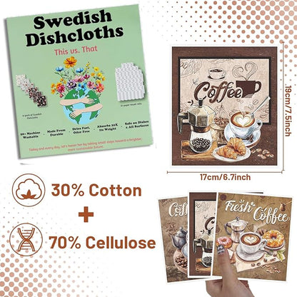 Reusable Swedish Dishcloths for Kitchen, 6PCS Coffee Theme Cellulose Sponge Paper Towels Washable, Absorbent Fast Drying Swedish Dish Cloth for Home Cleaning