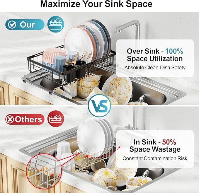 iSPECLE Expandable Dish Drying Rack for Kitchen Sink - Rust Resistant Adjustable Over the Sink Dish Drainer with Non Slip Rubber, 12.7" W x 12.8"-25.2" L, Black