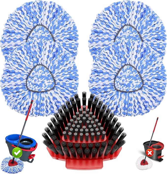 Fatmass 5 Pack Spin Mop Replacement for O Cedar RinseClean 2-Tank System,Include 4 Mop Replace Heads + 1 Upgrade Scrubber Brush, 100% Microfiber Mop Refills Deep Cleaning Machine Washable