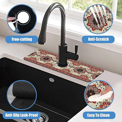 Sink Faucet Absorbing Mat Red Retro Boho Sink Splash Guard Drying Mat for Kitchen Bathroom Faucet Sinkmat 15.5"X5.5"