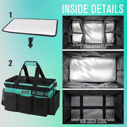SCAVATA Wearable Cleaning Caddy Bag, Cleaning Caddy Supplies Organizer with Handle & Shoulder Straps for Housekeepers, Under Sink & Car Cleaning Tool Organizers with 4 Foldable Divider (Lake Blue)