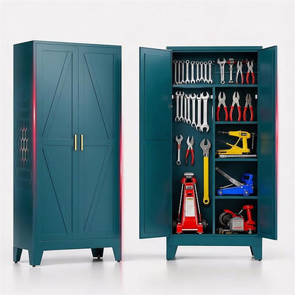 71" H Metal Garage Storage Cabinets,Broom Closet Storage Cabinet,Utility Cabinet,Blue Storage Cabinets