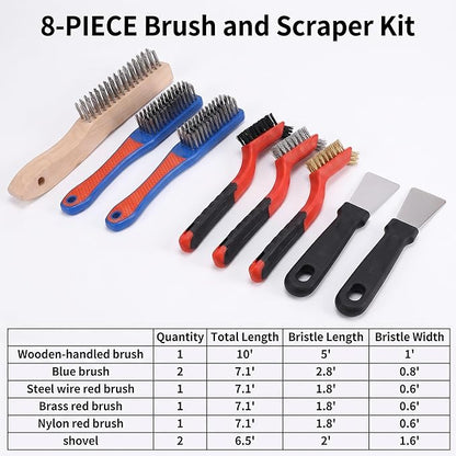 8Pcs Wire Brush Set for Cleaning Rust - Heavy Duty Scratch Brushes with Stainless Steel, Brass, Nylon Bristles and 2 Metal Scrapers, Professional Cleaning Tools for Metal, Slag, Paint and Grill