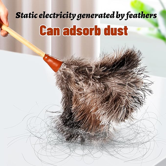 16inch Natural Good Ostrich Feather Duster with Bamboo Handle, Electrostatic Dust Remove for Ceiling，Fans，Bookshelves, Sofa, Windows, Fit for Home, Office and Cars
