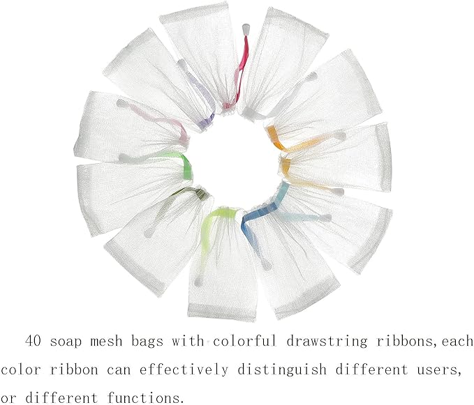 12PCS Exfoliating Soap Mesh Saver Pouch Bag and 5 PCS Transparent Spring Cord Plastic Lock for Shower Face Washing,Easy to Bubble and Store Small Soap (Colorful Drawstring)