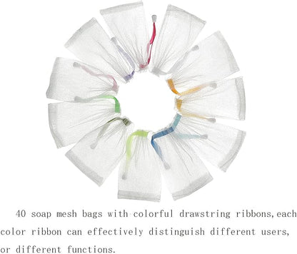 12PCS Exfoliating Soap Mesh Saver Pouch Bag and 5 PCS Transparent Spring Cord Plastic Lock for Shower Face Washing,Easy to Bubble and Store Small Soap (Colorful Drawstring)