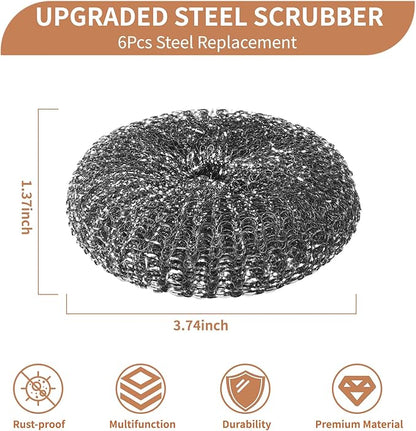 6PCS Steel Wool Scrubber Wire Sponge Set, Barbecue Grill Cleaning Scrubber Pads, Stainless Steel Scrubber Replacement for Scouring Messes from Cast Iron, Pots, Pans, Grill, Stoves, Sink (6 Pads)