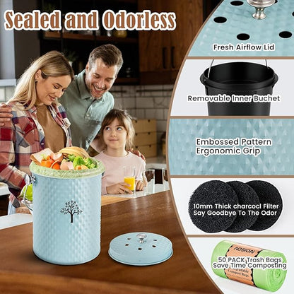 AOSION Countertop Compost Bin Kitchen,Odor Resistant Indoor Compost Bin with Lid and 50 Compost Bags,Compost Bucket Composter Container for Food Waste,Blue,1.0 Gallon