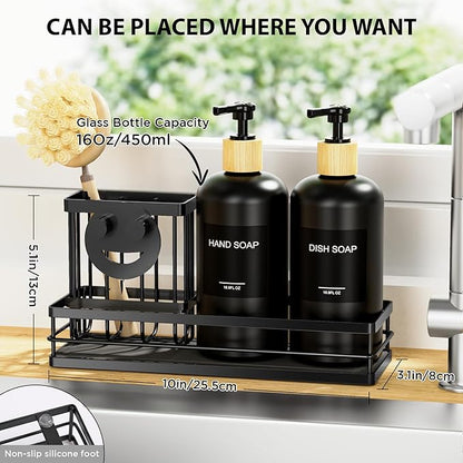Moforoco Kitchen Dish Soap Dispenser Set, 16OZ Glass Bottle, Hand and Dish Soap Dispenser Set, Instant Dry Tray, Brush Holder with Smiley Face Sponge Holder (Black Tray+Black Bottle+Labels)