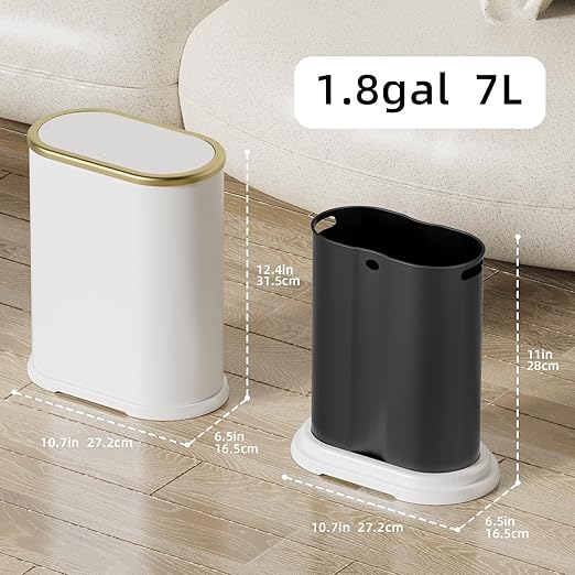 KSSKSS 1.8 Gallons Small White Bathroom Trash Can with Lid, Slim Bathroom Garbage Bin, Dog Proof Trash Can with Pop-Up Lid for Bedroom,Toile, White