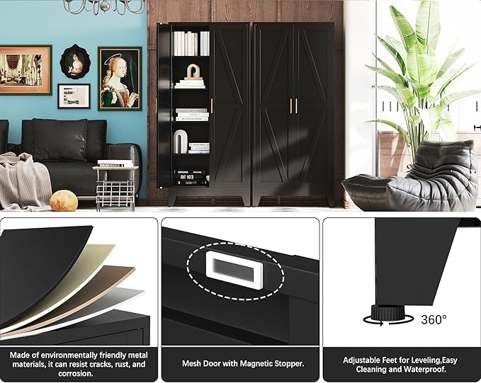 71" H Metal Garage Storage Cabinets,Broom Closet Storage Cabinet,Utility Cabinet,Black Storage Cabinets