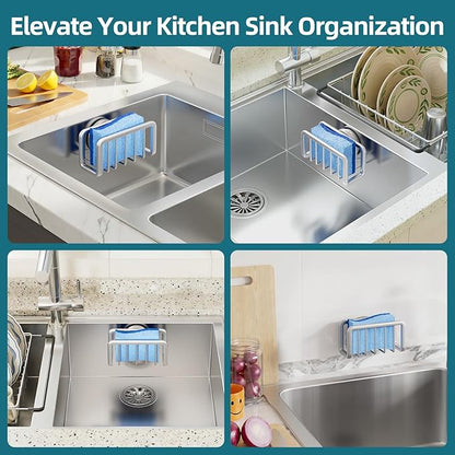 TAILI Sink Caddy with Strong Suction Cup, Sponge Holder for Kitchen Sink Oganizer, Removable Rustproof Aluminum Sponge Holder, Dish Brush for Scraper - Silver