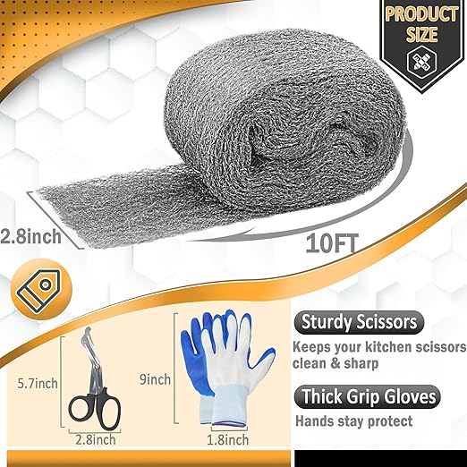 AJART Steels Wools Mice Control - #0000 Steel Wool Metal Fabric Mesh - As Gaps Fillers to Keep Mice Away - Protection for Siding, Pipelines, Garden Vents and Garages - 2Pcs
