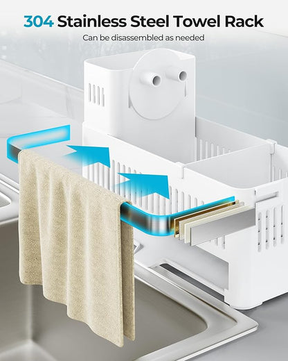 Nieifi Sponge Holder for Kitchen Sink, Sink Caddy with Towel Rack, Dish Sponge Holder, Brush Holder for Kitchen Sink Organizer Storage, White