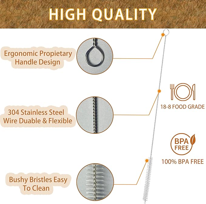 Straw Cleaner Brush Extra Long 14 Inch, 8-PCS Straw Brush Extra Long with 304 Stainless Steel Handle, Extra Long Pipe Tube Cleaner for Water Bottle, Coffee Kettle and Pipes.