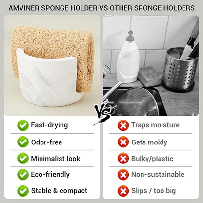 Diatomite Sponge Holder for Kitchen Sink Counter, Quick Drying, Fast Water Absorbent Stone Tray, 1 Slot Dish Sponge Rack, Kitchen Organizer, White Marble Pattern