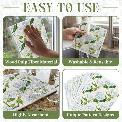 Tegeme 8 Pcs Blue Hydrangea Swedish Themed Dishcloth Spring Summer Watercolor Hydrangea Floral Kitchen Dish Towel Absorbent Cotton Reusable Towel for Home Party Housewarming Counter Wipe, 6.8 x 7.7''