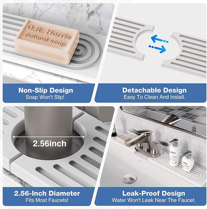 DK177 Diatomite Fast Drying Faucet Mat for Kitchen Sink, Water Absorbing Stone Tray, Faucet Splash Guard for Bathroom Counter, White, 23.6" x 4"