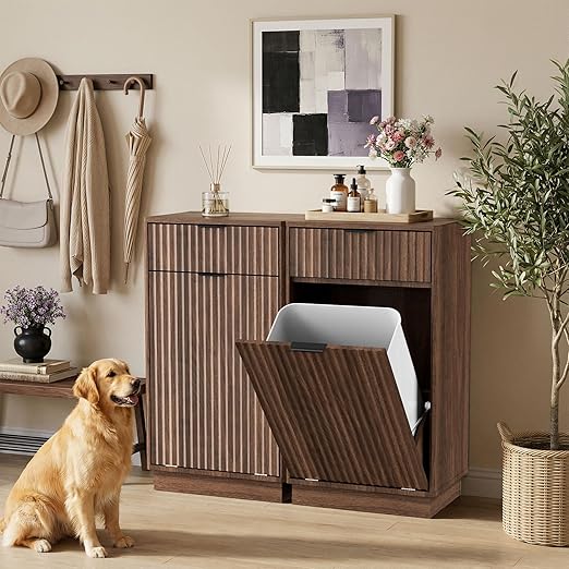 20 Gallon Double Tilt Out Trash Can Cabinet,Fluted Tilt Out Laundry Hamper Cabinet,Suitable for Kitchens, Laundry Rooms and Living Rooms Walnut Brown